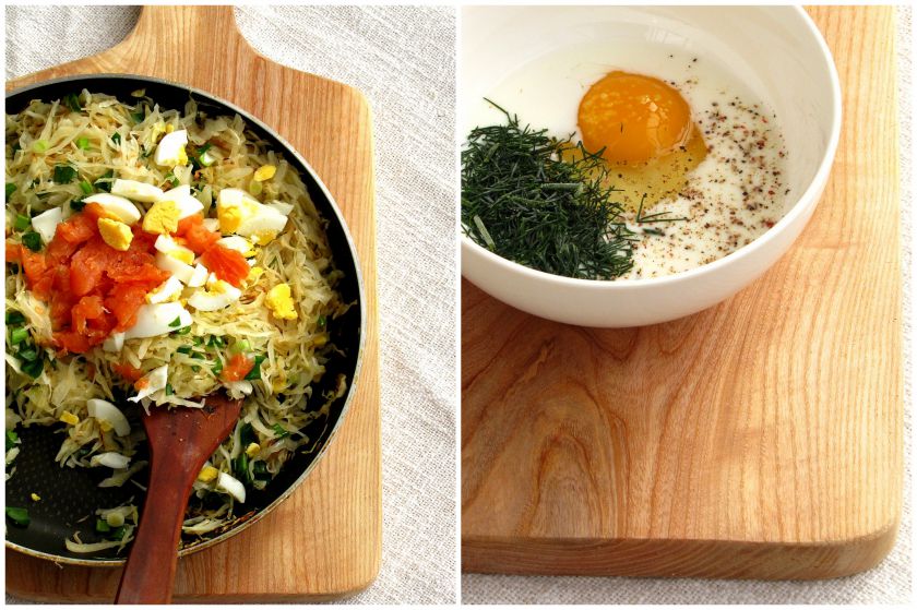 Kopūstų pyragas su kiaušiniais ir lašiša